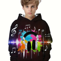 Earphone And Music Note Print Boy's Hoodie Kids Casual Long Sleeve