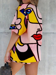 Abstract Figure Print Tee & Drawstring Shorts Set