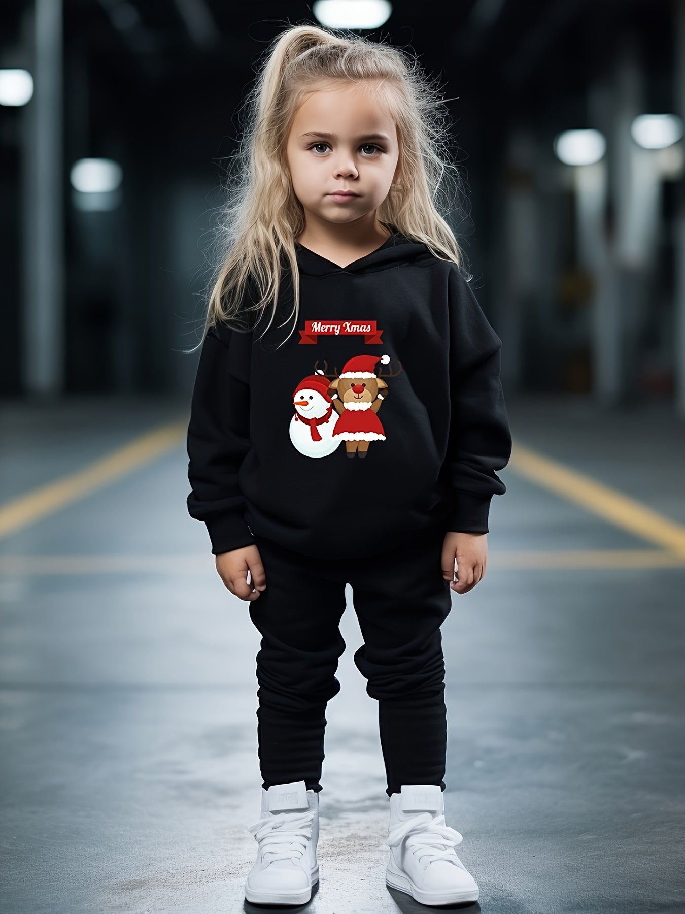 Reindeer Snowman Print Hoodie Jogger Pants Set for Girls Boys