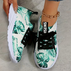 Women's Green Leaves Pattern Running Shoes Soft Mesh Breathable Lace Up Sneakers