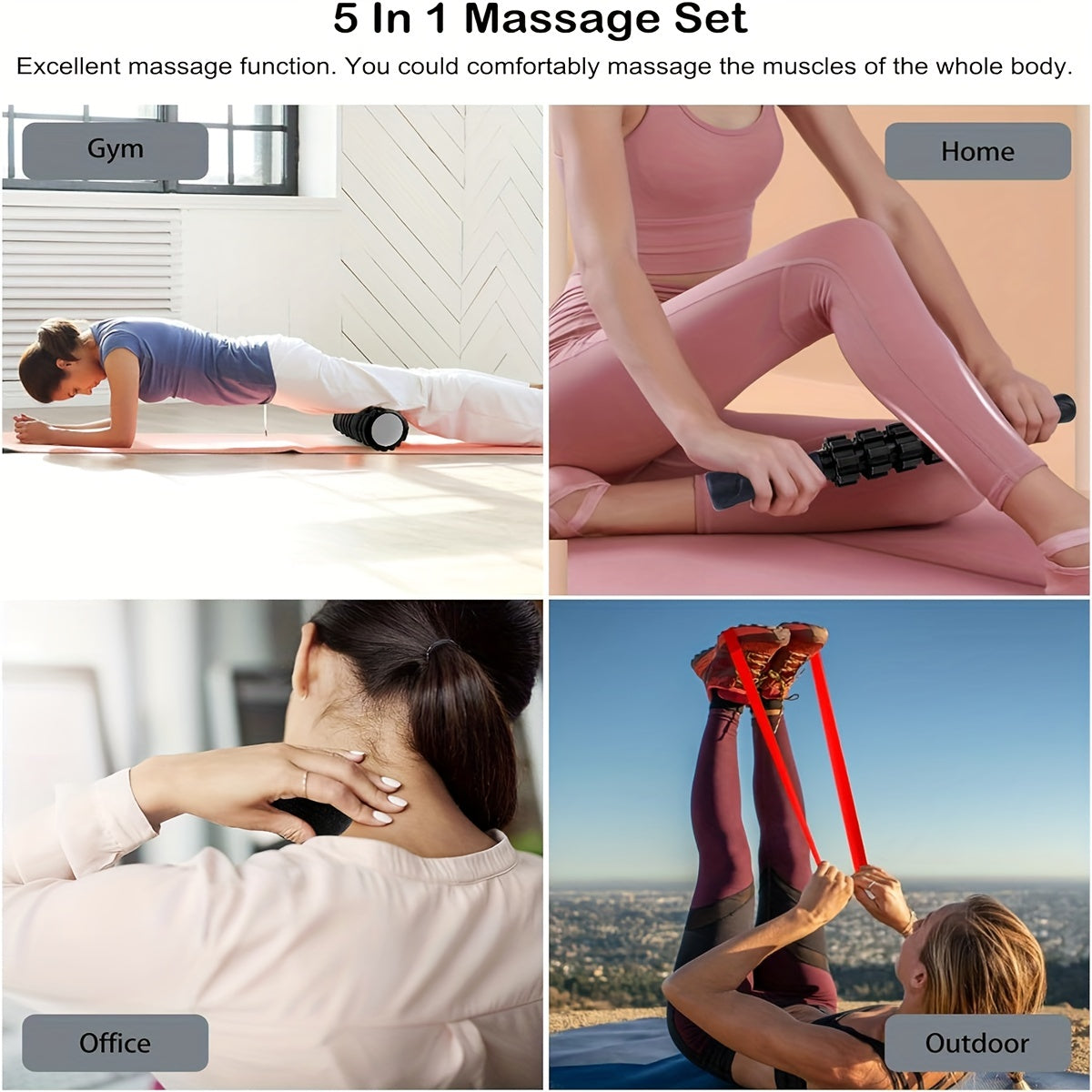 5pcs Yoga Set: Roller, Massage Balls, Resistance Bands, Storage Bag