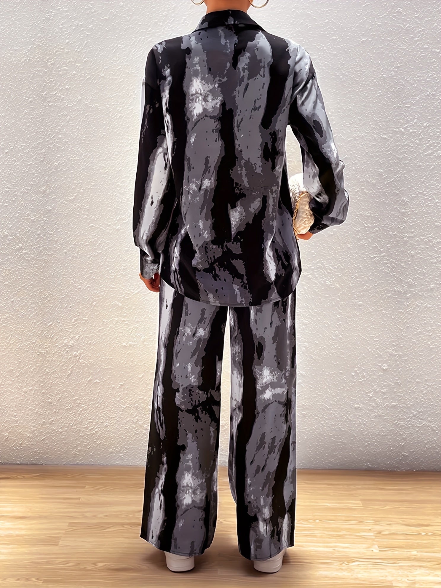 Plus Stripe Print Button Up Long Sleeve Blouse & Pants Set