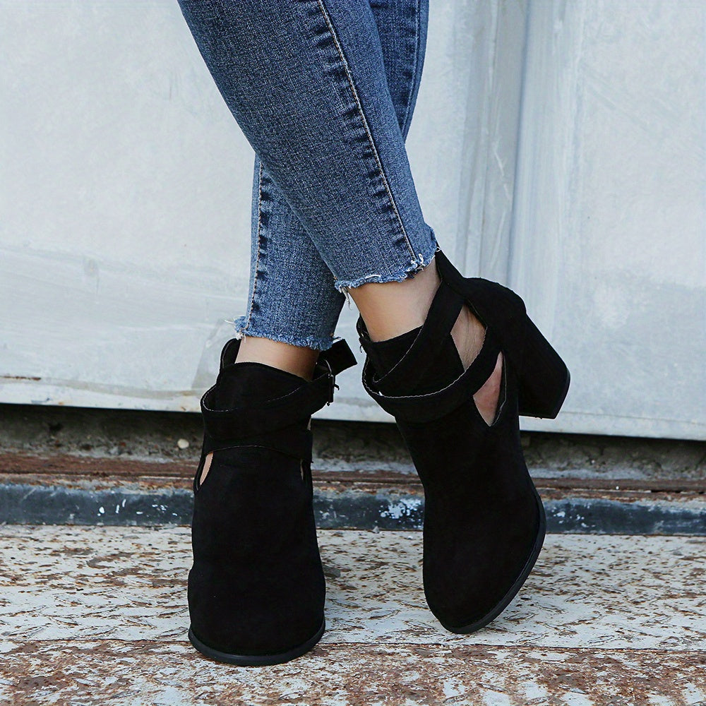 Women's Block Heel Ankle Boots Buckle Strap Zipper Shoes