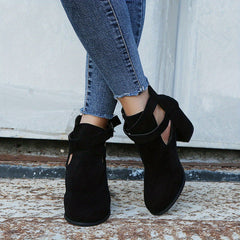 Women's Block Heel Ankle Boots Buckle Strap Zipper Shoes