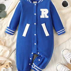 Baby Boy R Letter Patch Embroidered Long Sleeved Jumpsuit