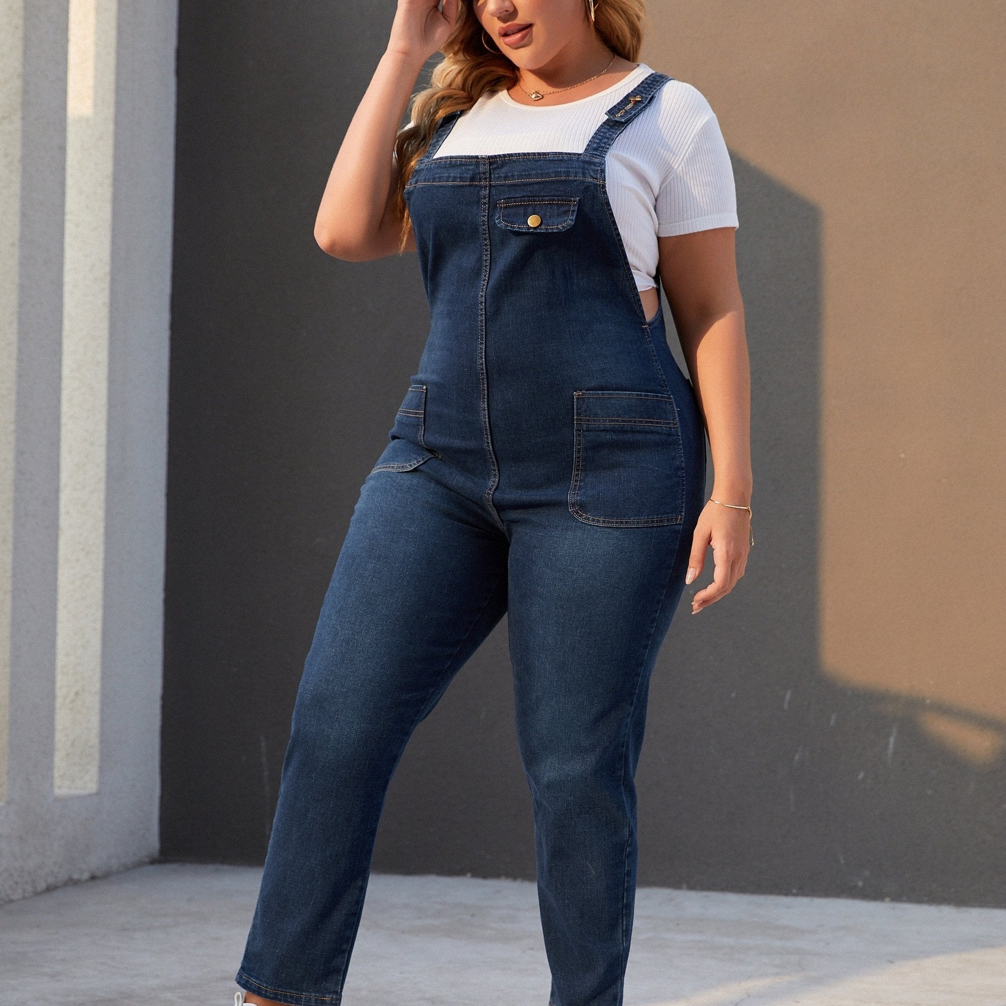High Rise Straight Leg Denim Overalls Women's Plus