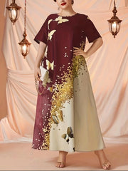 Glitter Butterfly Print Round Neck Maxi Dress Plus Size Abaya