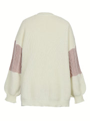 Colorblock Cable Lantern Sleeve Open Front Cardigan