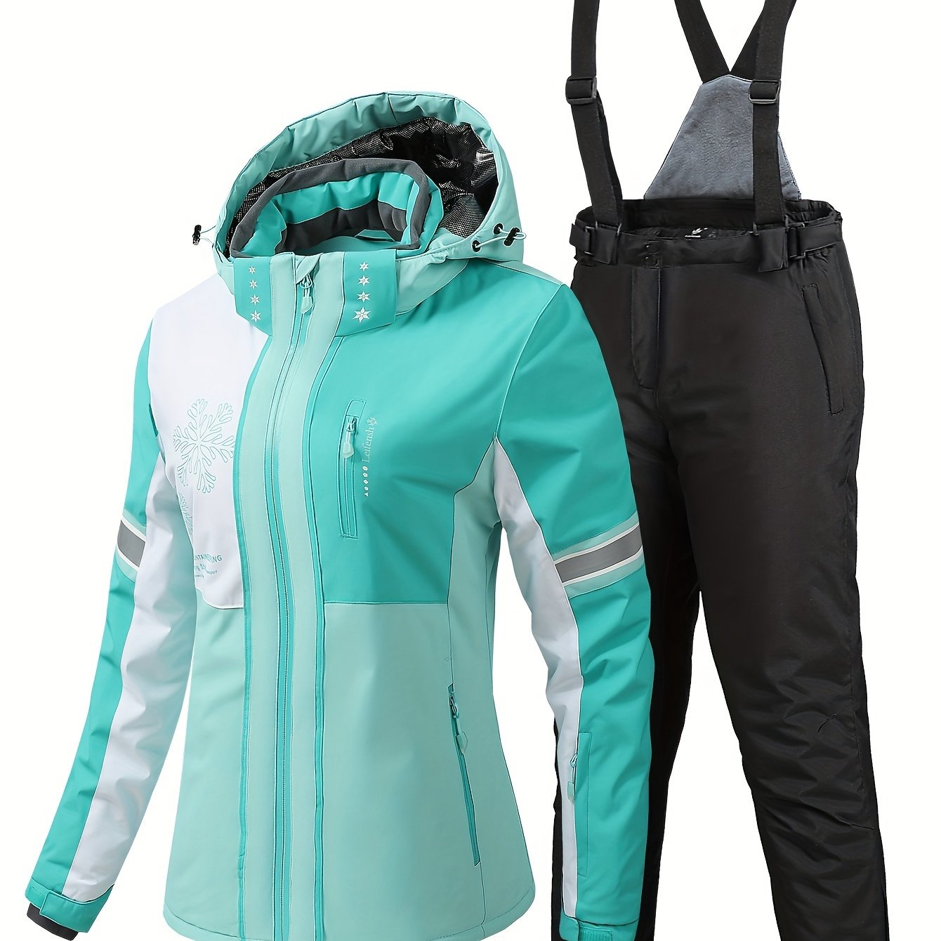 Snowflake Print Ski Set Long Sleeve Hooded Jacket & Suspender Trouser