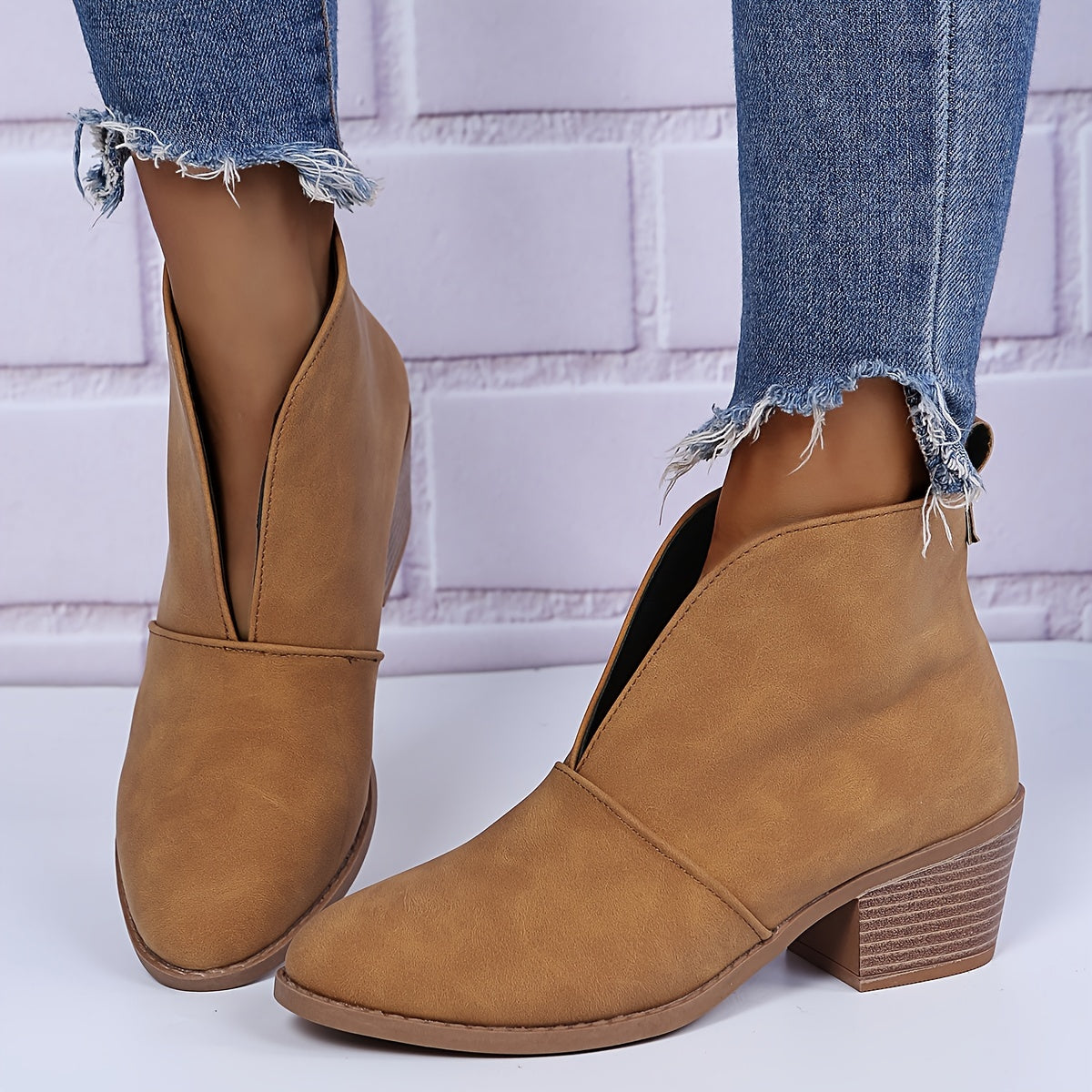 Chunky Heel Ankle Boots V Cut Slip On Short Boots Women's Footwear