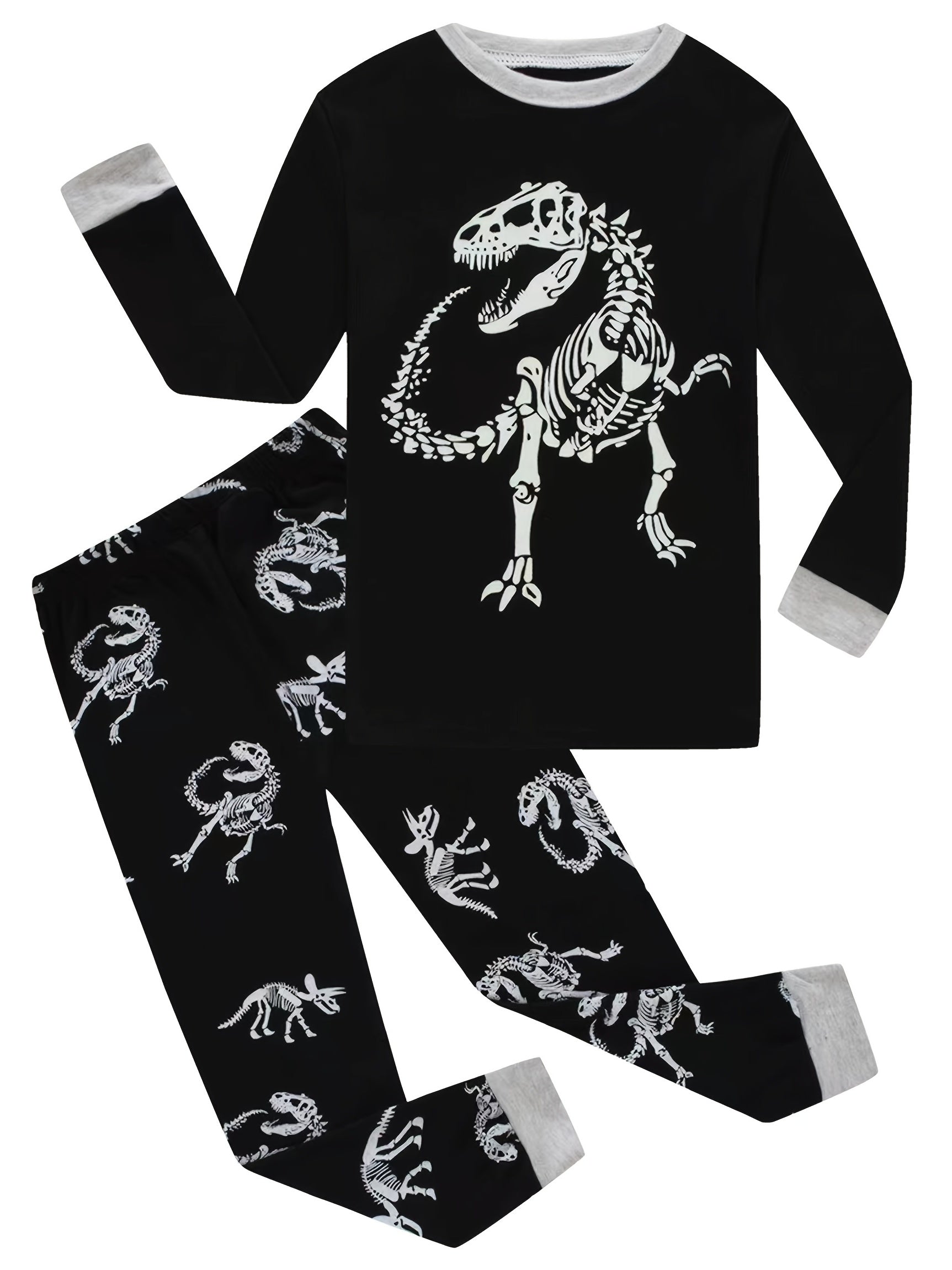 2pcs Dino Skeleton Print Kid's Pajama Set Reflective Pattern Comfy PJ