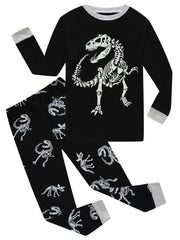 2pcs Dino Skeleton Print Kid's Pajama Set Reflective Pattern Comfy PJ