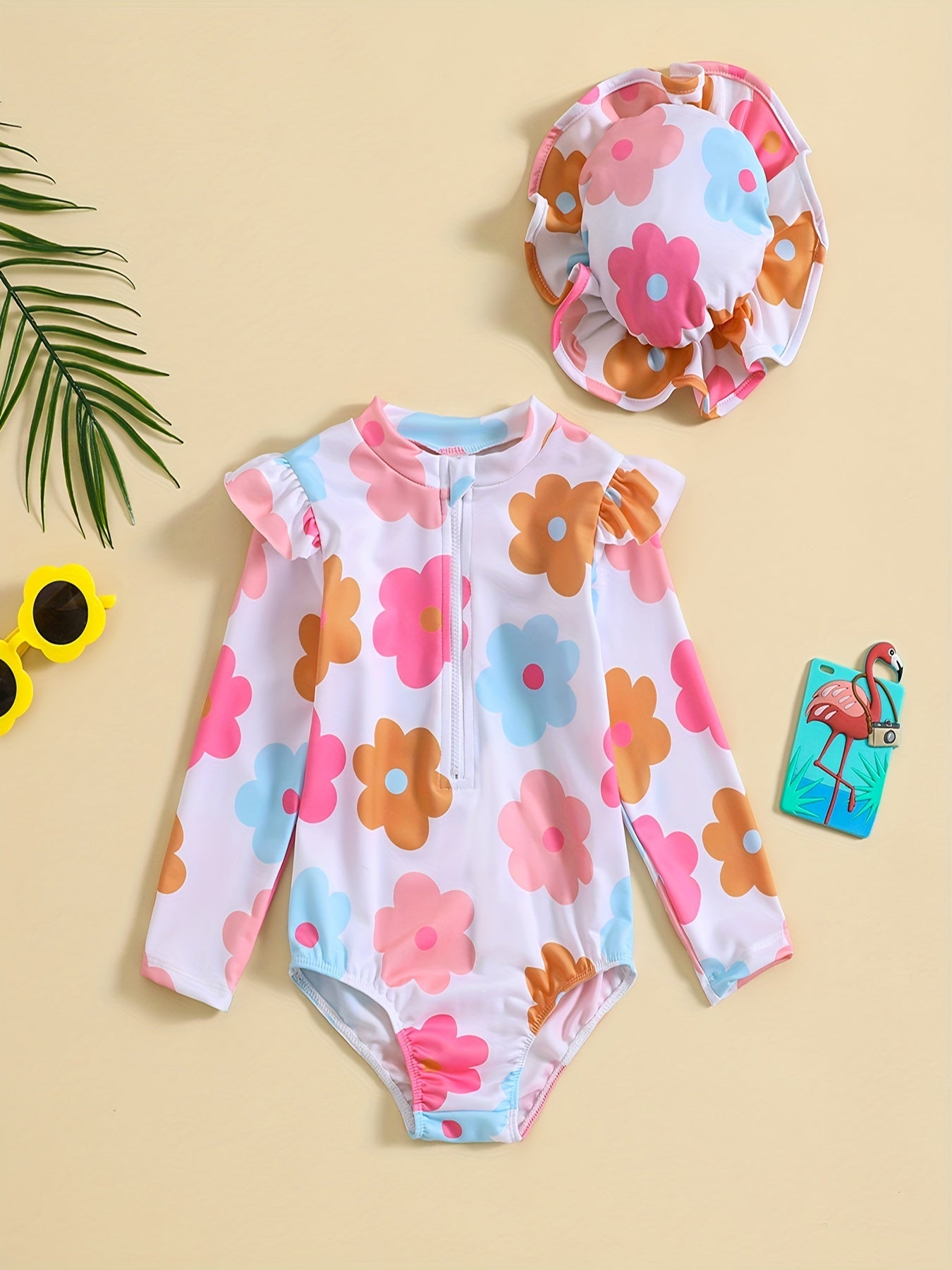 Girls Hat & Swimsuit Set Long Sleeve Zipper Bathing Suit
