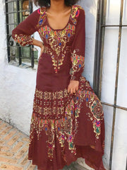 Boho Dress Women's Plus Floral Lantern Sleeve Pleated Dress