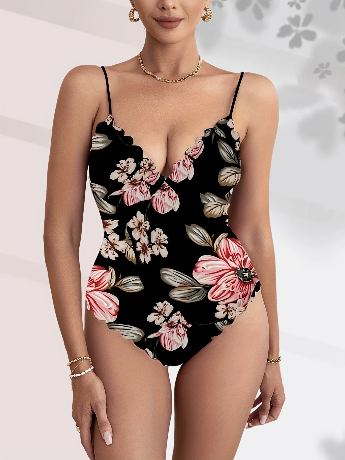 Floral Print V neck Cami Bodysuit Sexy Scallop Trim