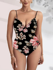 Floral Print V neck Cami Bodysuit Sexy Scallop Trim