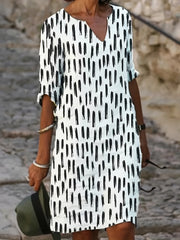 Multicolor V Neck Long Dress Mature Loose Sleeve Waist Dress