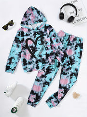 Girl's Tie Dye 2pcs Hoodie & Sweatpants Set Love Heart Print Top