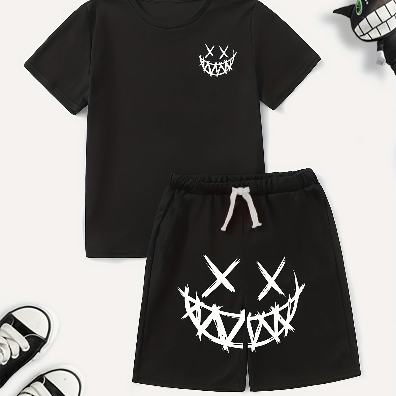 Boy's Happy Face Print T-shirt & Drawstring Shorts Set