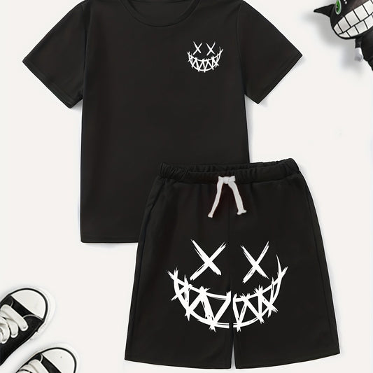 Boy's Happy Face Print T-shirt & Drawstring Shorts Set