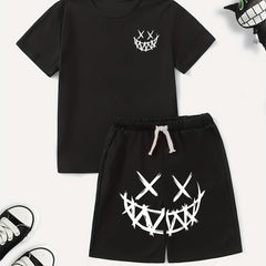 Boy's Happy Face Print T-shirt & Drawstring Shorts Set