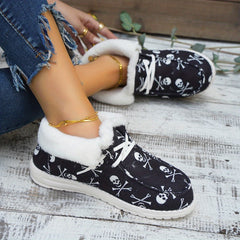 Women's Skull Pattern Fuzzy Canvas Shoes Slip On Low Top Plush Lined Snow Boots