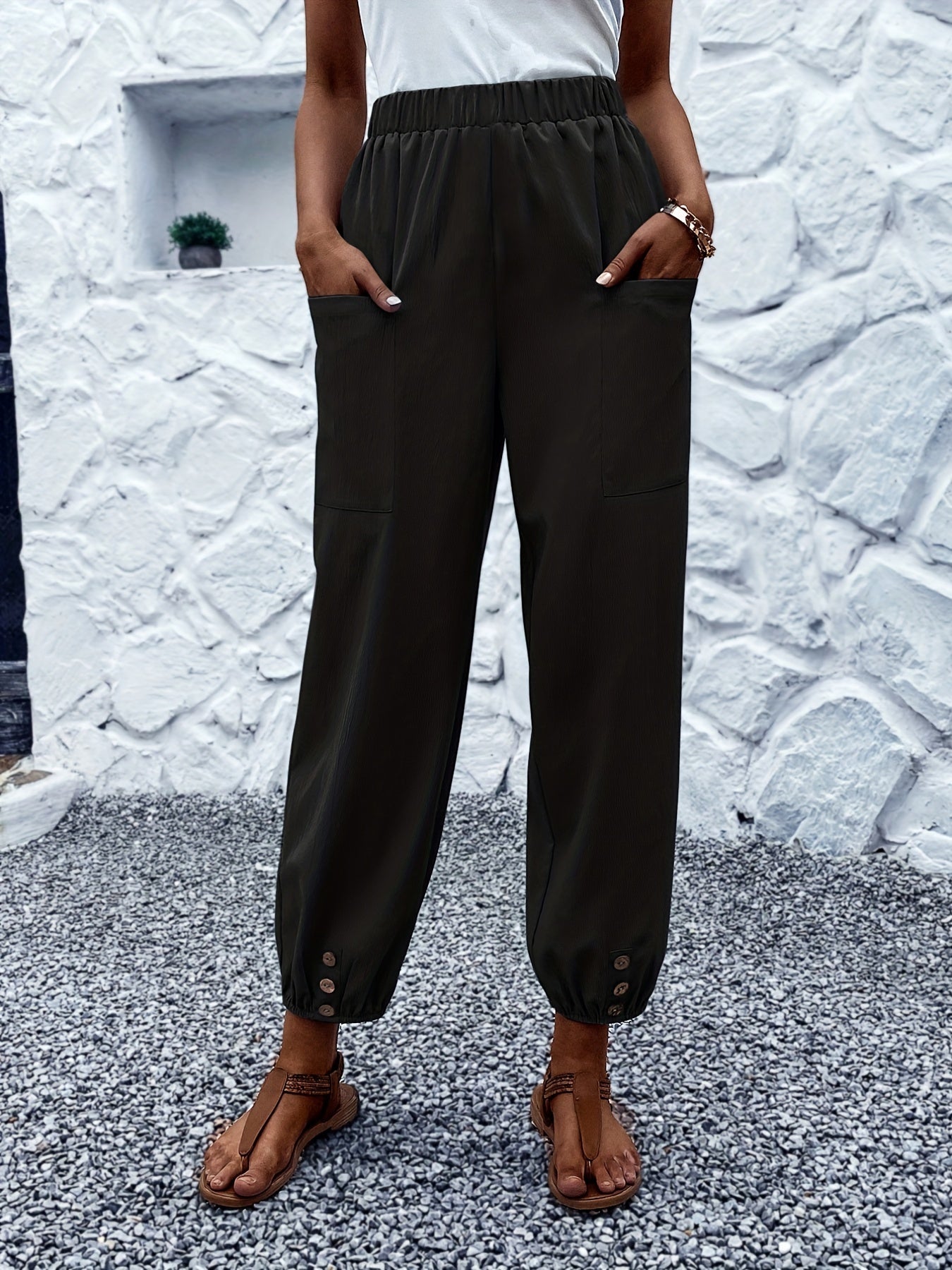 Button Decor Patched Pockets Pants Casual Loose Elastic Waist Comfy Solid Pants