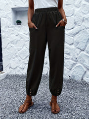 Button Decor Patched Pockets Pants Casual Loose Elastic Waist Comfy Solid Pants