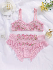 Floral Embroidered Mesh Ruffle Trim Bra & Underwear Set