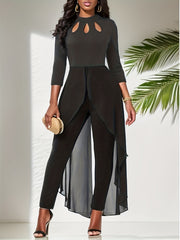 Solid Crew Neck Cut Out Jumpsuit Casual Long Sleeve Waist Splicing Jumpsuit