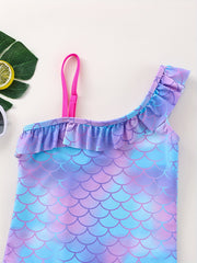 Mermaid Tie Dye Ruffled Swimsuit for Girls - One Shoulder One Piece