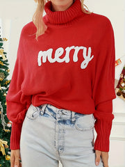 Women's Plus Letter Patch Bat Sleeve Turtle Neck Sweater