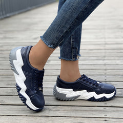 Women's Platform Lace Up Sneakers Low Top Faux Leather Shoes