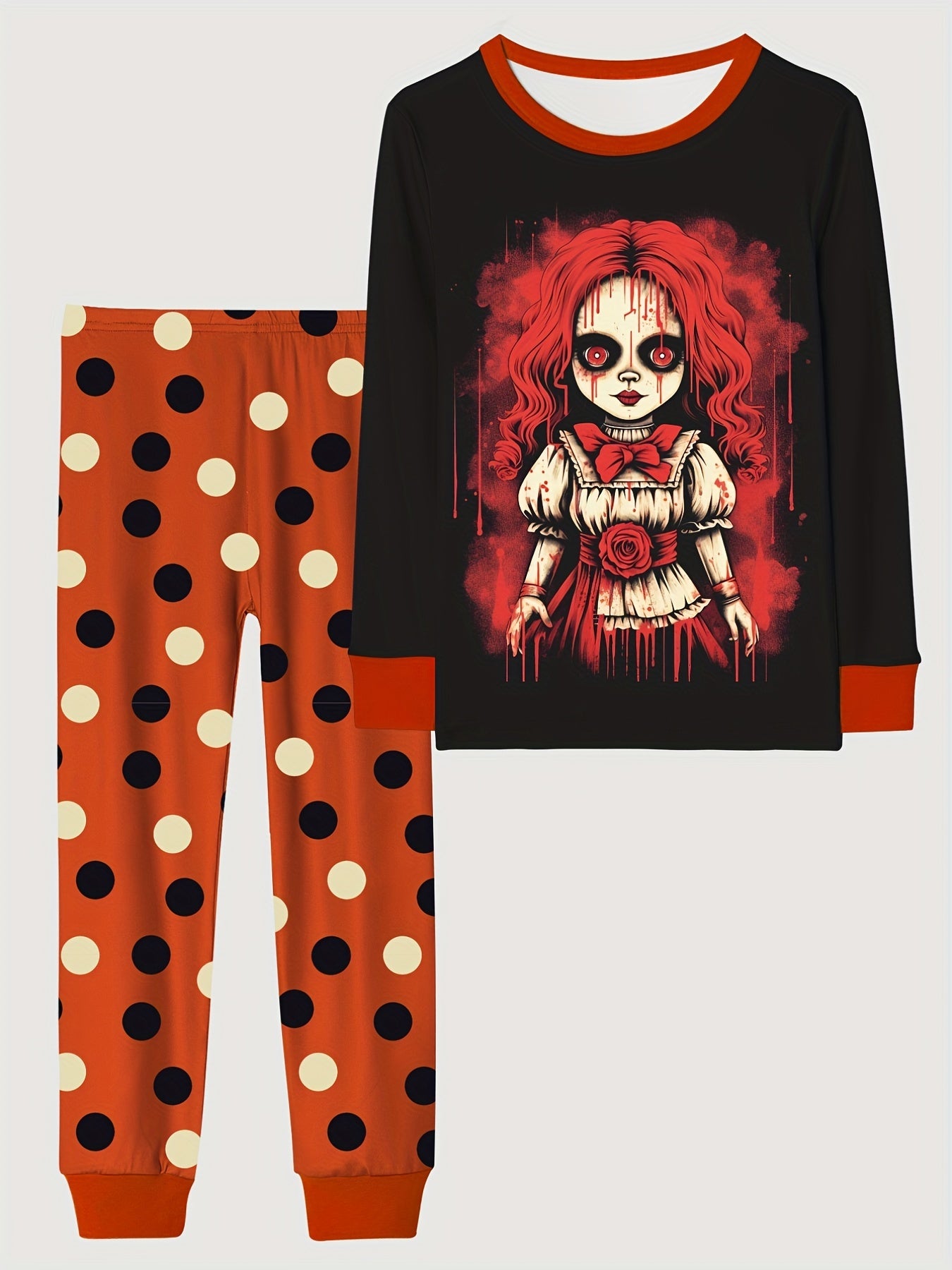 Skull Girl Pattern Kid's Pajamas Set Halloween Style Comfy PJ Girl's Loungewear