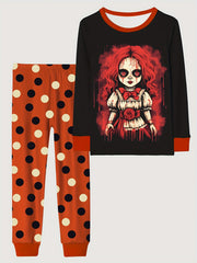 Skull Girl Pattern Kid's Pajamas Set Halloween Style Comfy PJ Girl's Loungewear