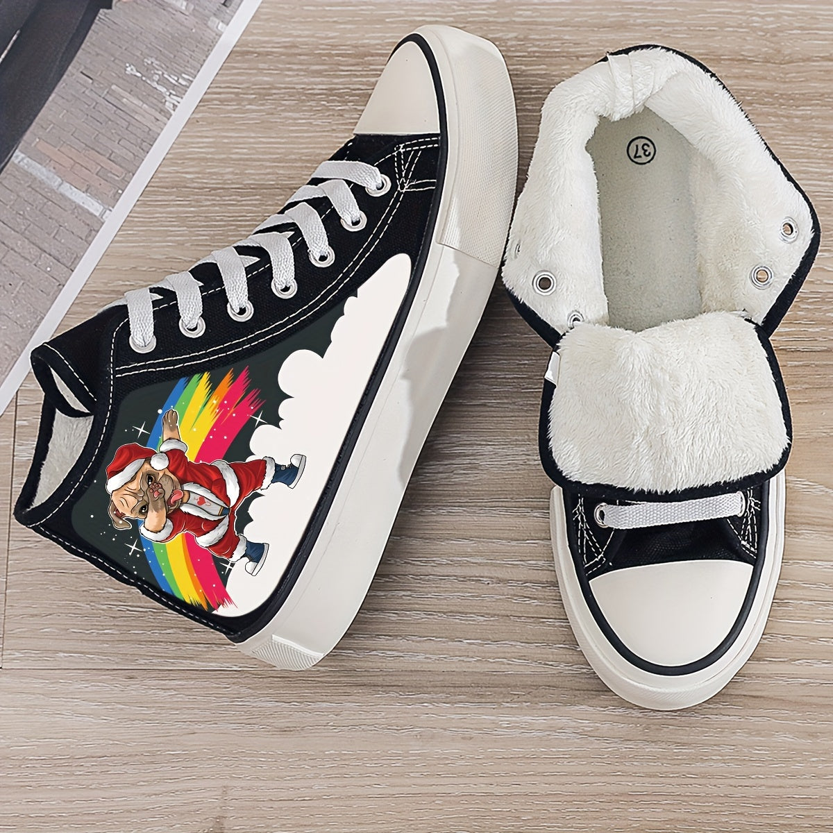 Christmas Puppy Plush Lined Canvas Sneakers