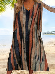 Brush Print Long Sleeve Maxi Dress With Pockets