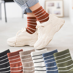 6 Pairs Women Socks Classic Striped Crew Socks Combed Cotton Athletic Ladies Soc