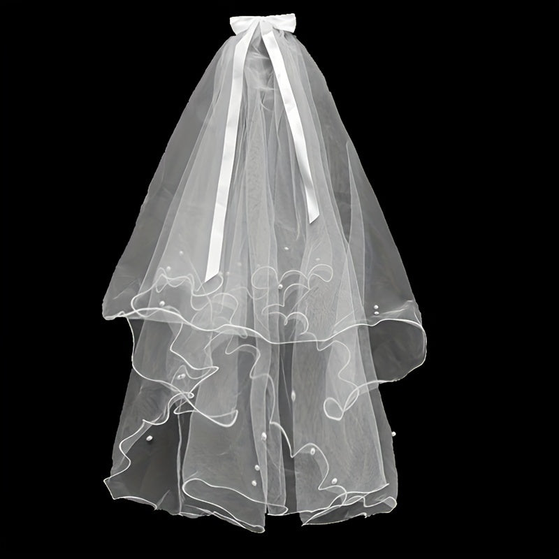 4 Layer Bridal Head Veil with Comb & Faux Pearl Satin Bowknot Hair Piece