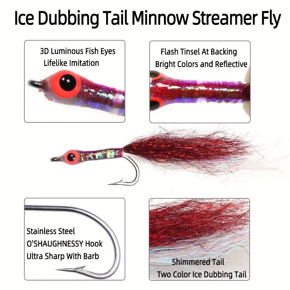 6pcs Ice Dubbing Tail Minnow Streamer Fly Bait Stainless Steel Barbed Hook