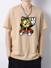 Cartoon Clock Print Men's Graphic Cotton Crew Neck T shirt