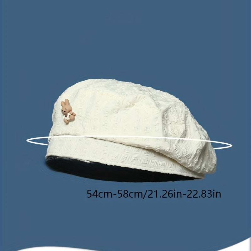 Rabbit Beret Solid Embossed Breathable Octagonal Hat