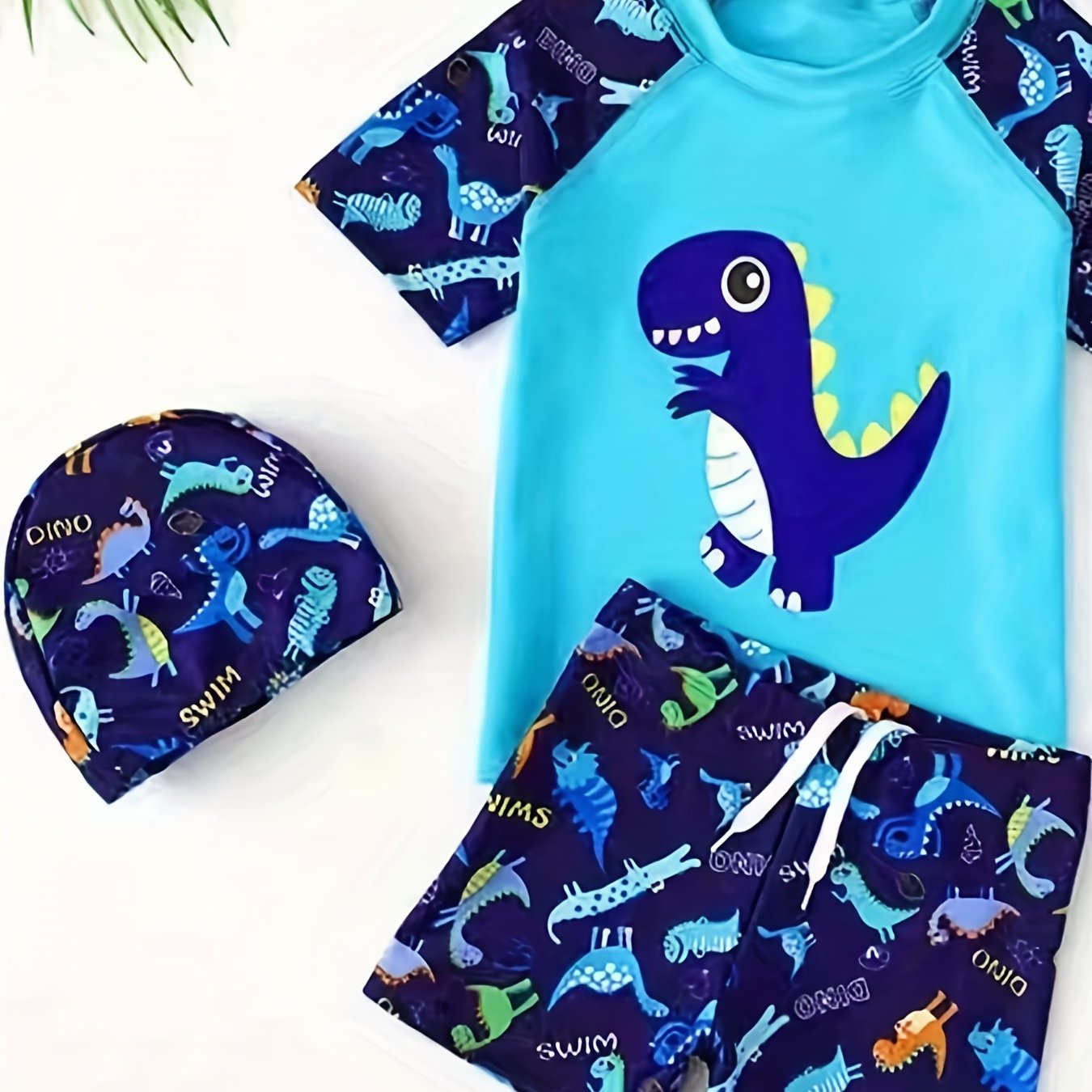 Boy's Dinosaur Swimsuit Set T-shirt, Cap, Trunks - Beach Vacation