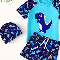 Boy's Dinosaur Swimsuit Set T-shirt, Cap, Trunks - Beach Vacation