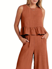 Plus Solid Button Decor Ruffle Trim Tank Top & Wide Leg Pants Set
