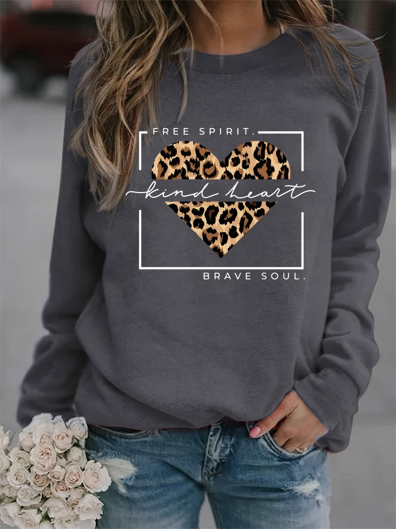 Kind Heart Print Sweatshirt Casual Crew Neck Sweatshirt Women's Clothing
