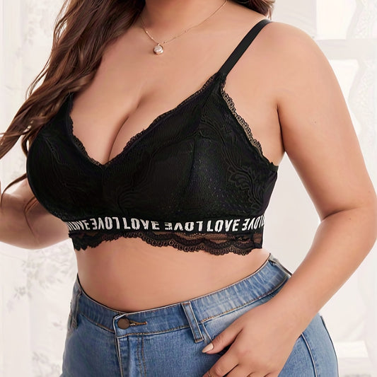 Sexy Bra Women's Plus Solid Contrast Lace Trim Letter Tape Bra