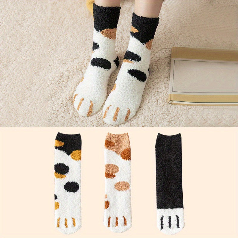 3 Pairs Cat Claw Print Socks Fuzzy & Warm Women's Stockings