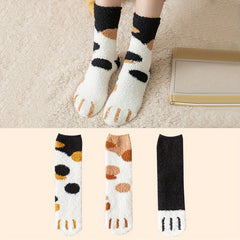 3 Pairs Cat Claw Print Socks Fuzzy & Warm Women's Stockings