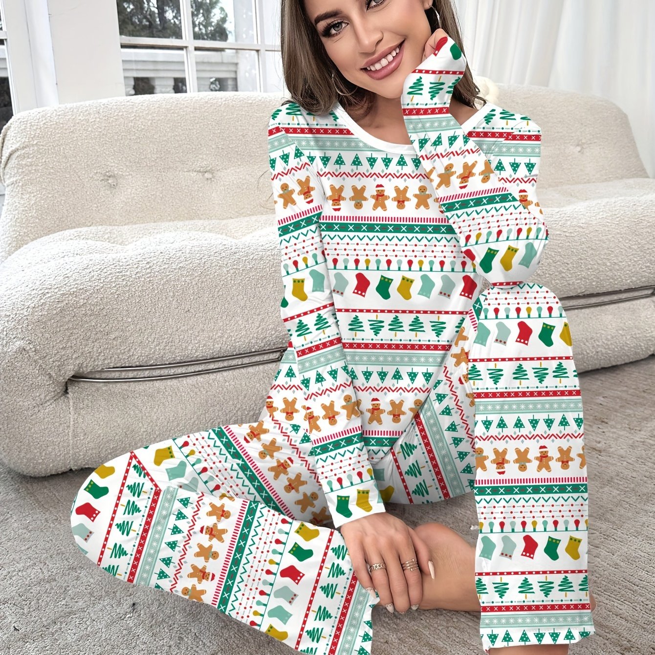 Christmas Print Pajama Set Long Sleeve Top & Pants